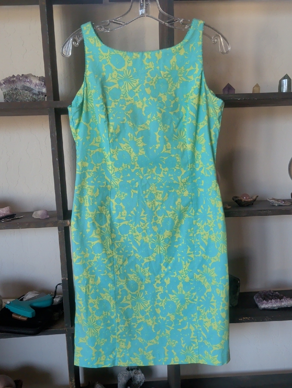 98% Cotton 2% Spandex Sigrid Olsen Aqua & Lime Floral Midi Sheath Dress